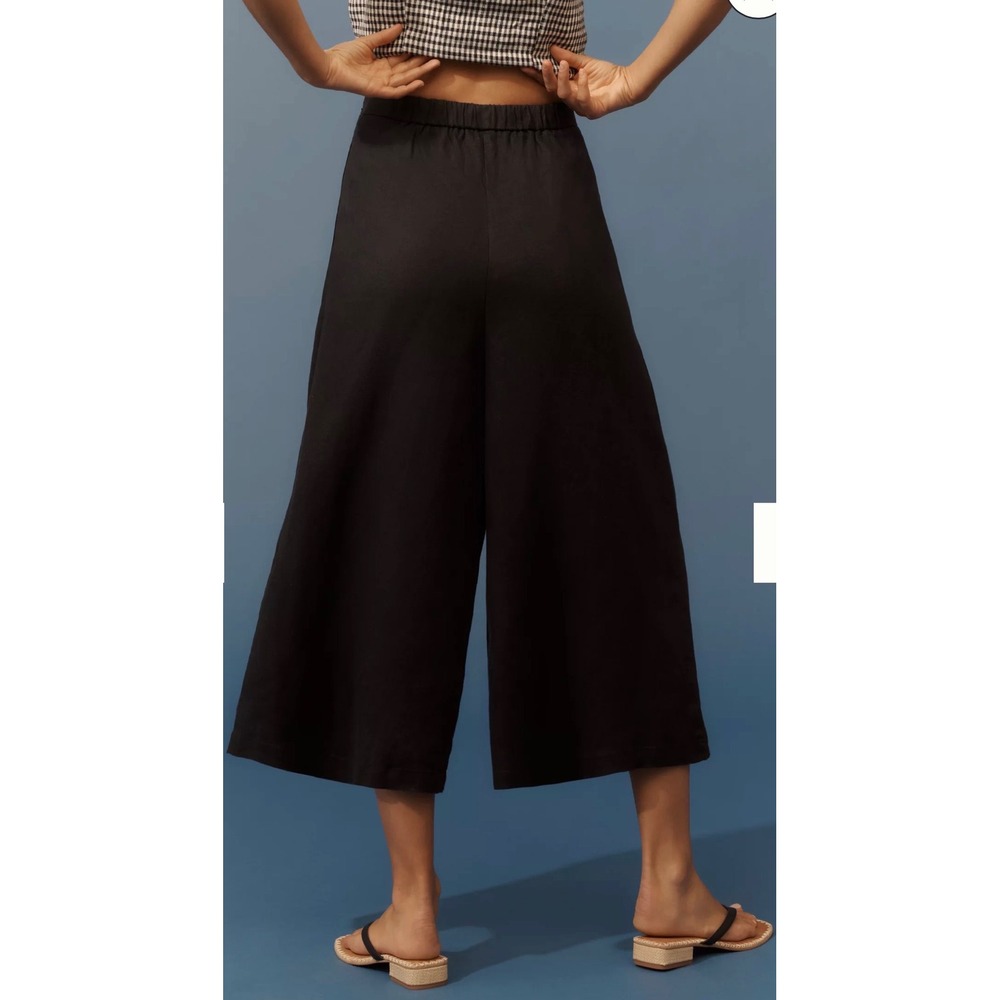 Anthropologie Linen Pleated Culotte Trousers XS Black Wide Leg Cropped Pants NEW - Picture 2 of 13